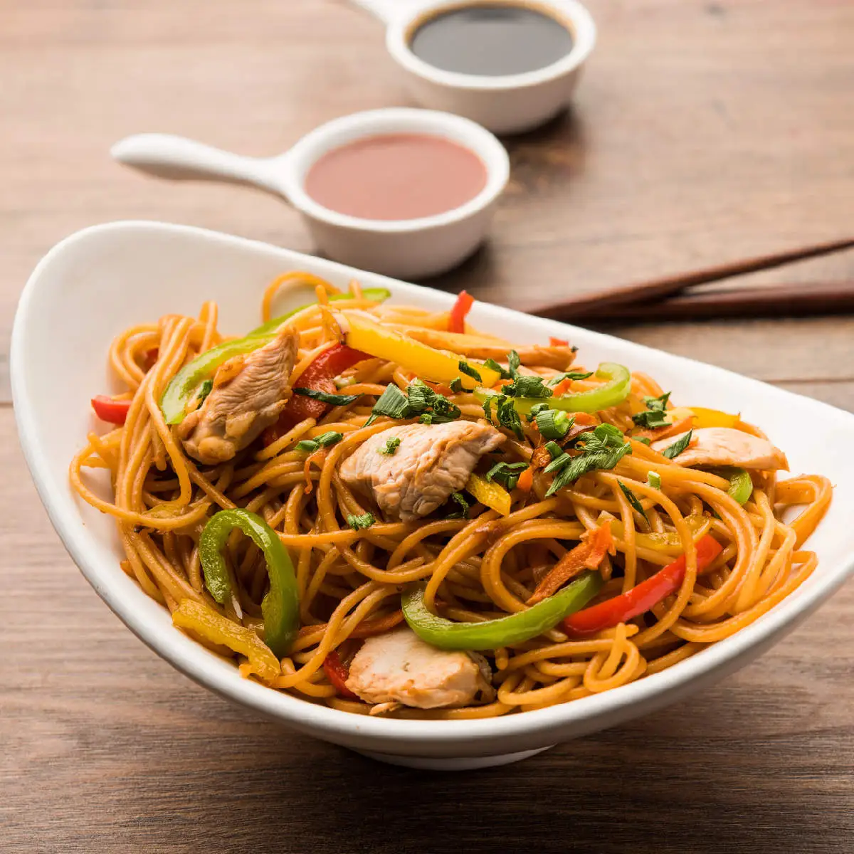 Delicious Chicken Hakka Noodles dish at Tandoori Gourmet in Spruce Grove, AB